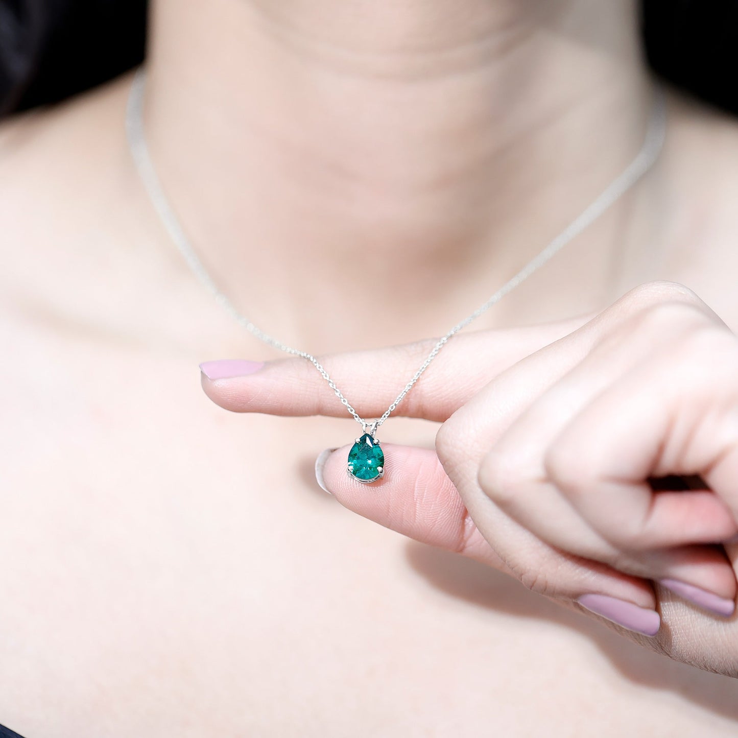 Pear Cut Lab Grown Emerald Solitaire Pendant Necklace With Chain