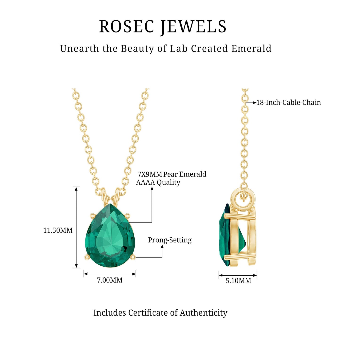 Pear Cut Lab Grown Emerald Solitaire Pendant Necklace With Chain