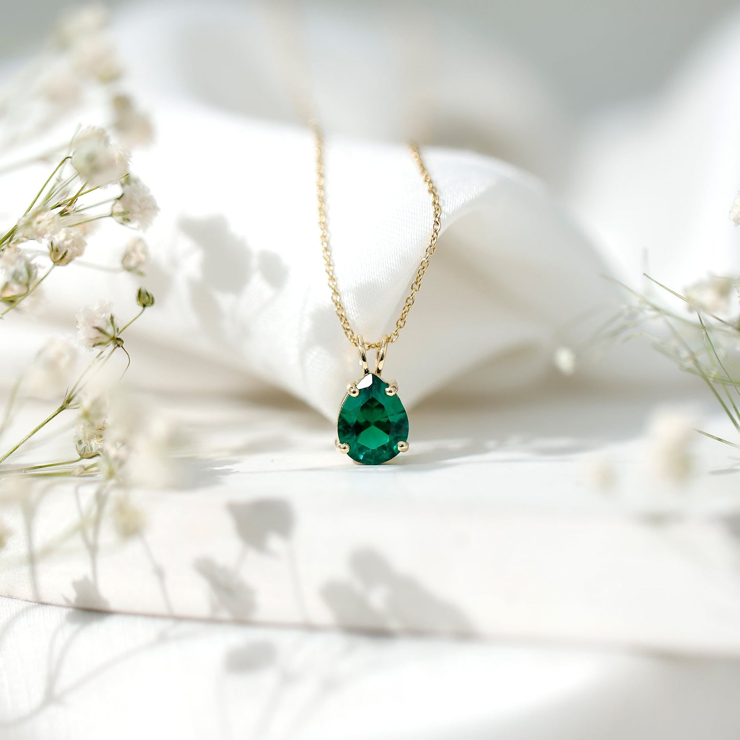 Pear Cut Lab Grown Emerald Solitaire Pendant Necklace With Chain