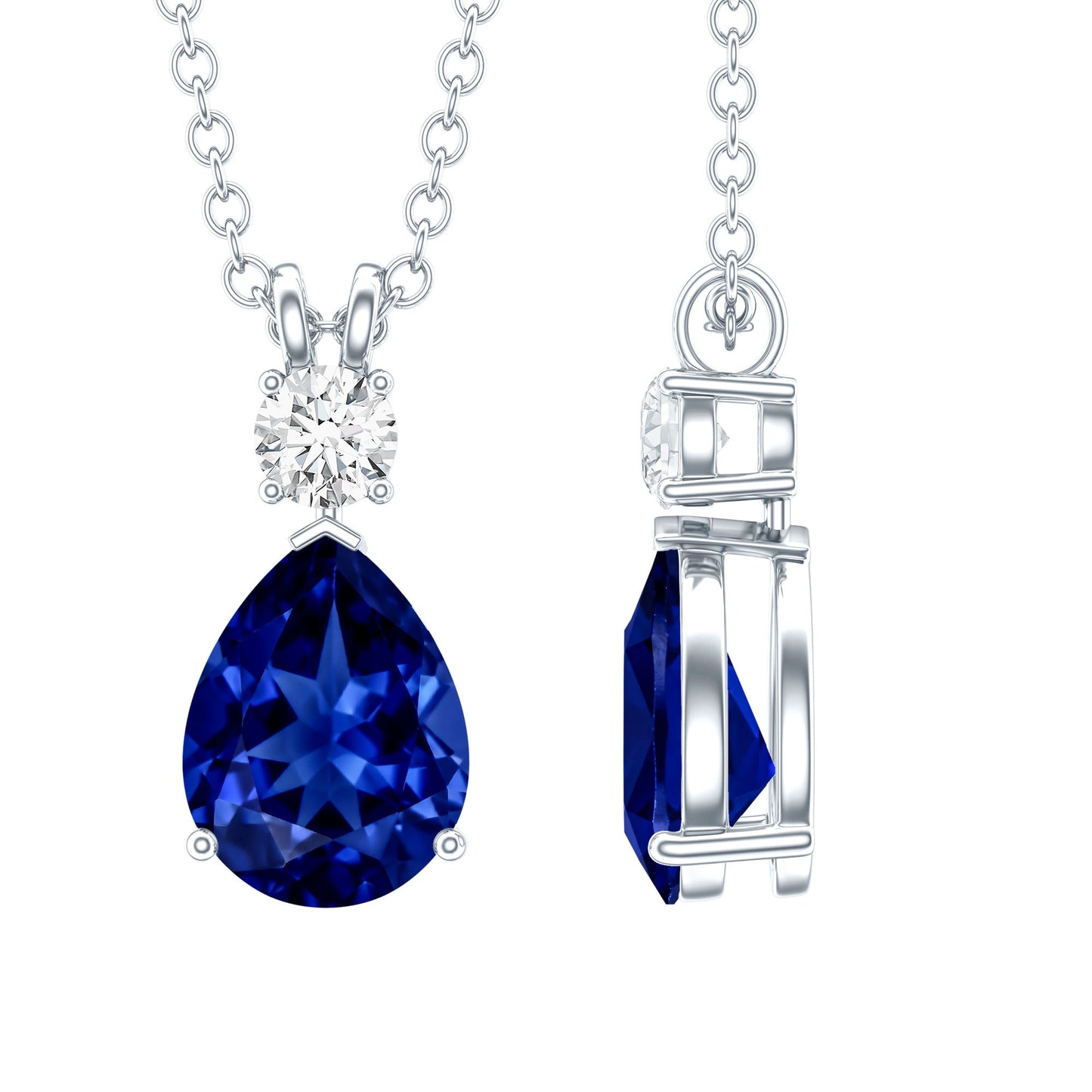 Lab Created Blue Sapphire Teardrop Necklace with Moissanite