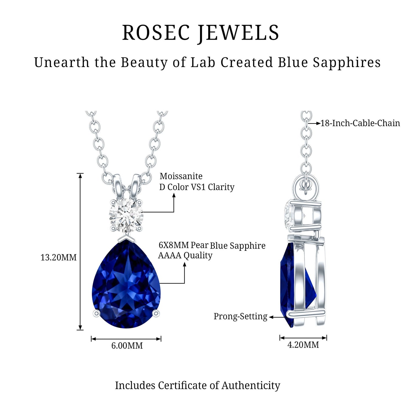 Certified 1.6 Carat Lab Grown Blue Sapphire Teardrop Necklace with Silver Chain