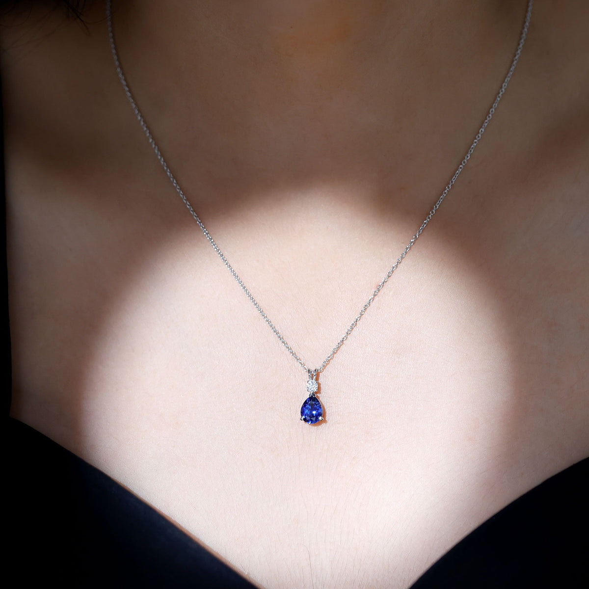 Certified 1.6 Carat Lab Grown Blue Sapphire Teardrop Necklace with Silver Chain