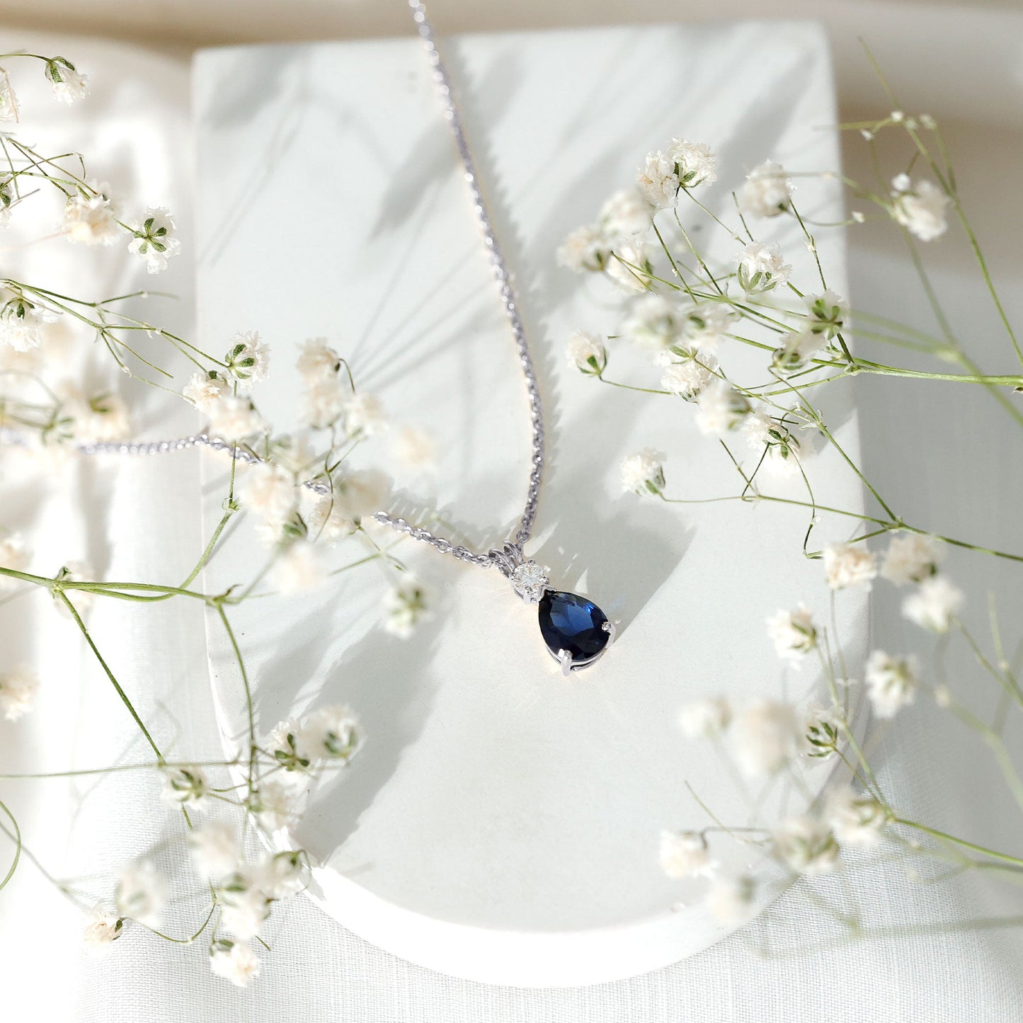 Lab Created Blue Sapphire Teardrop Necklace with Moissanite