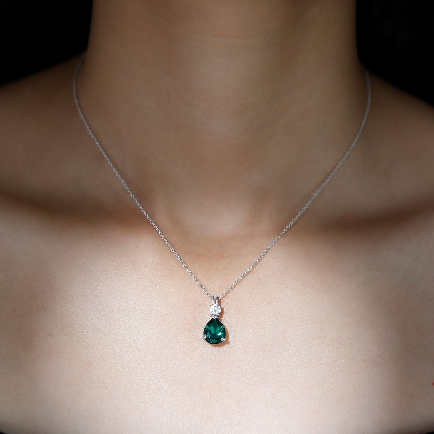 Lab Grown Emerald Teardrop Pendant with Moissanite