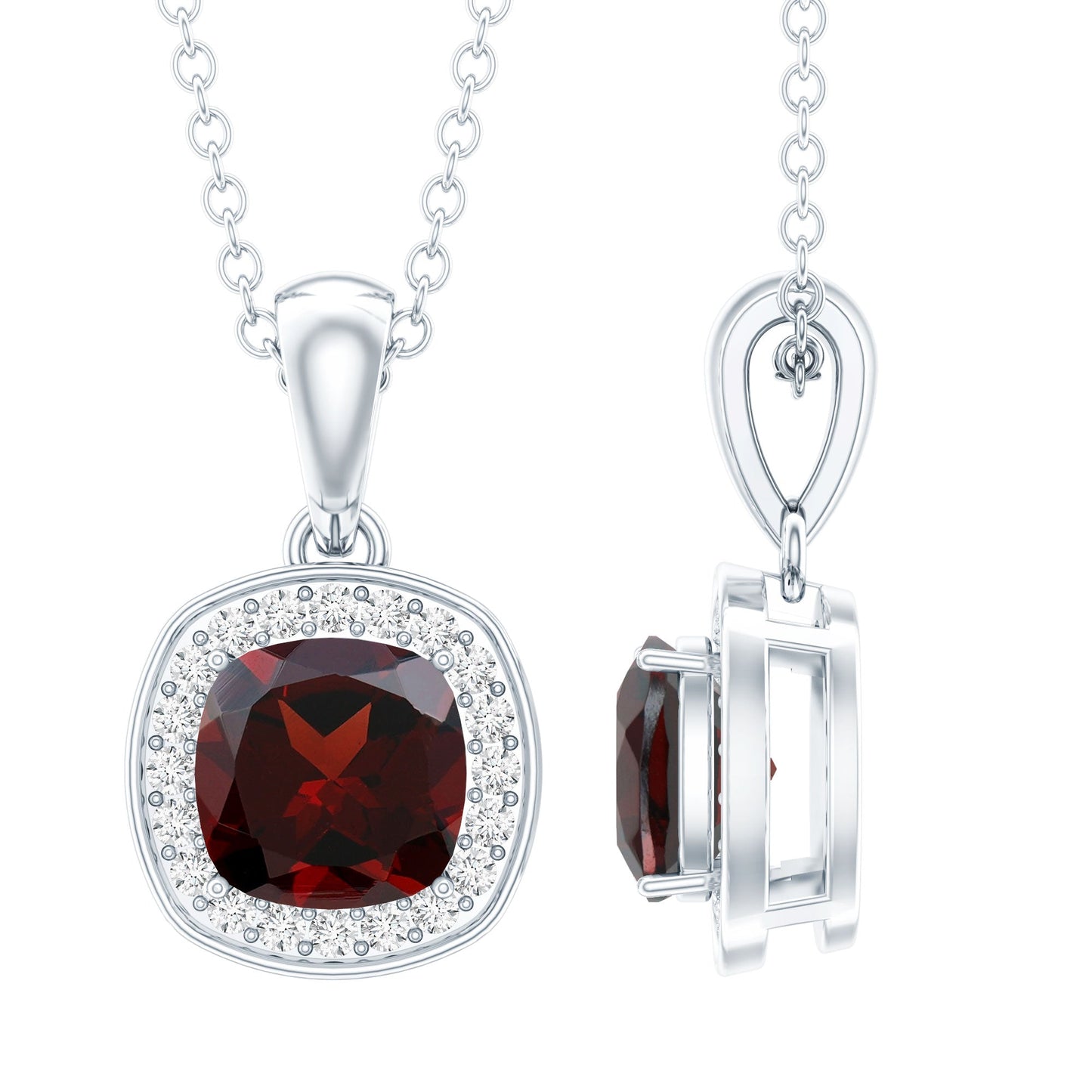Natural 3 Carat Garnet Halo Necklace with Silver Chain