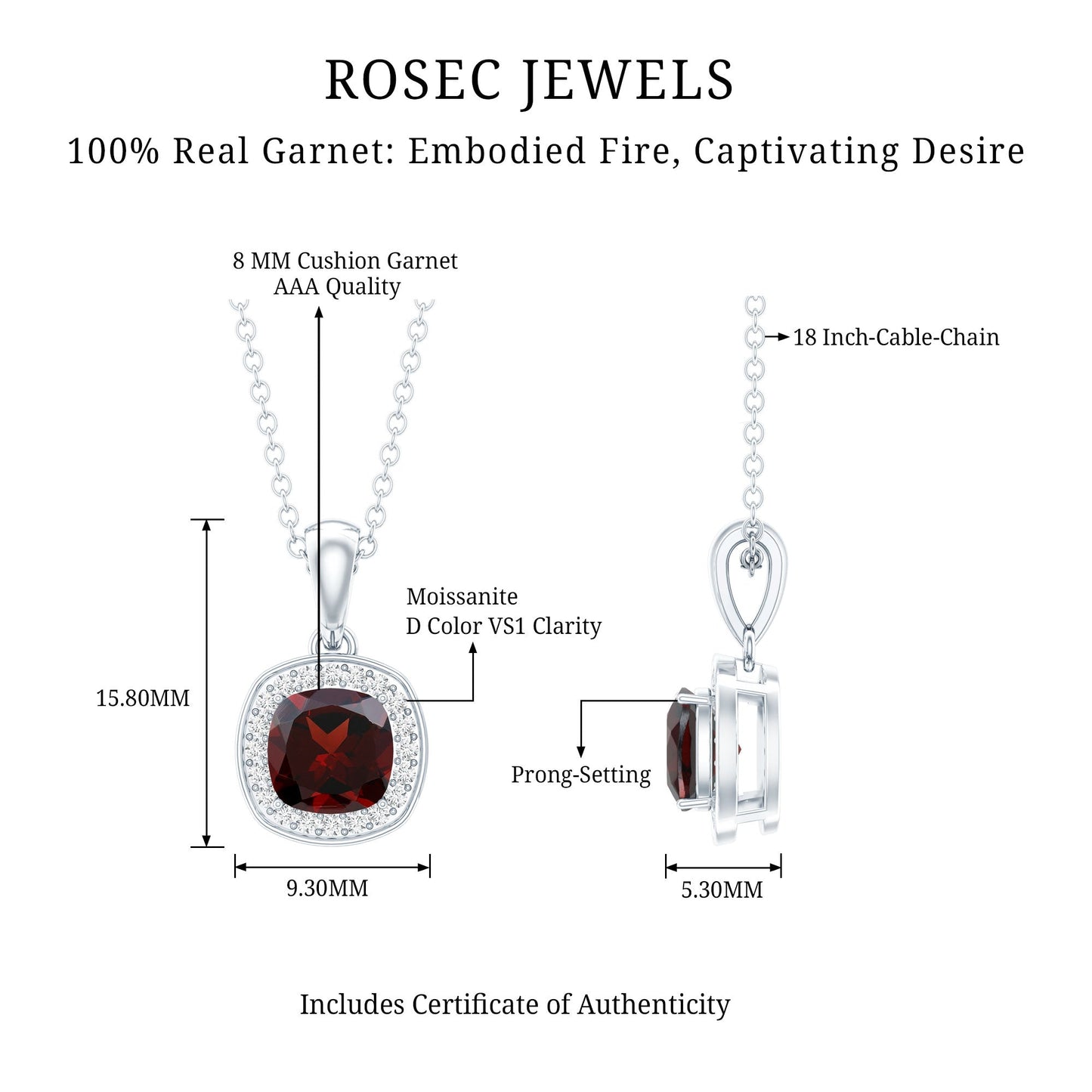 Natural 3 Carat Garnet Halo Necklace with Silver Chain