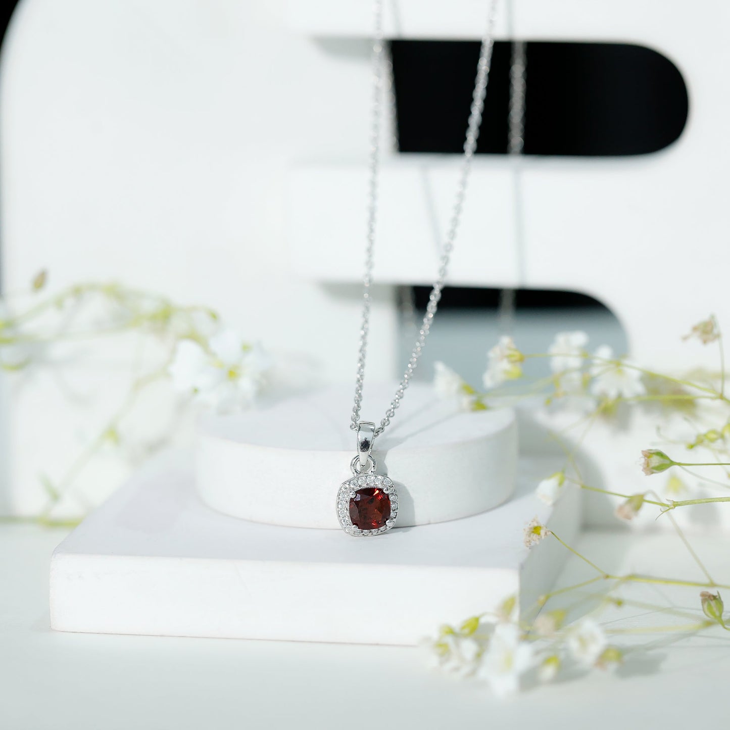 Natural 3 Carat Garnet Halo Necklace with Silver Chain