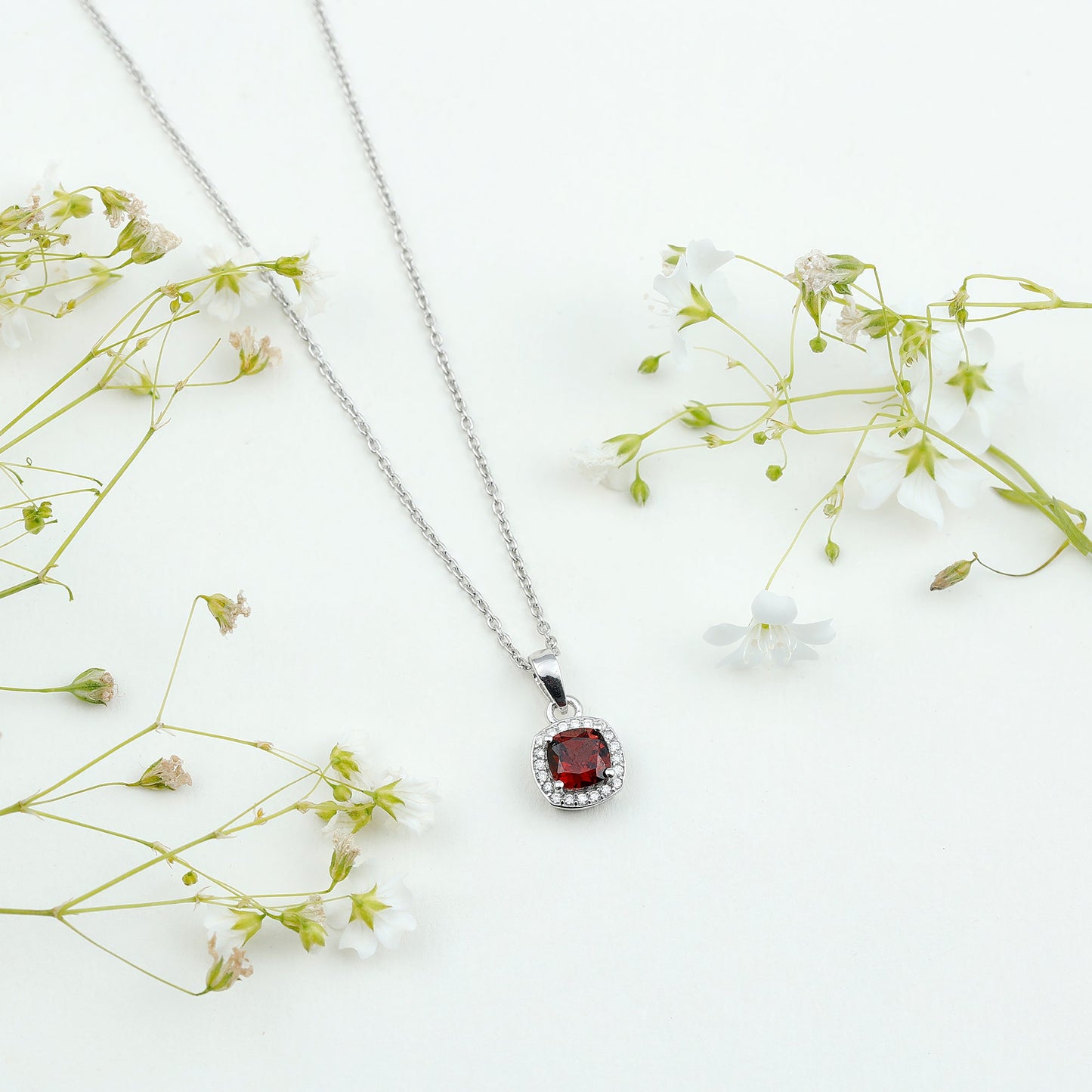 Natural 3 Carat Garnet Halo Necklace with Silver Chain