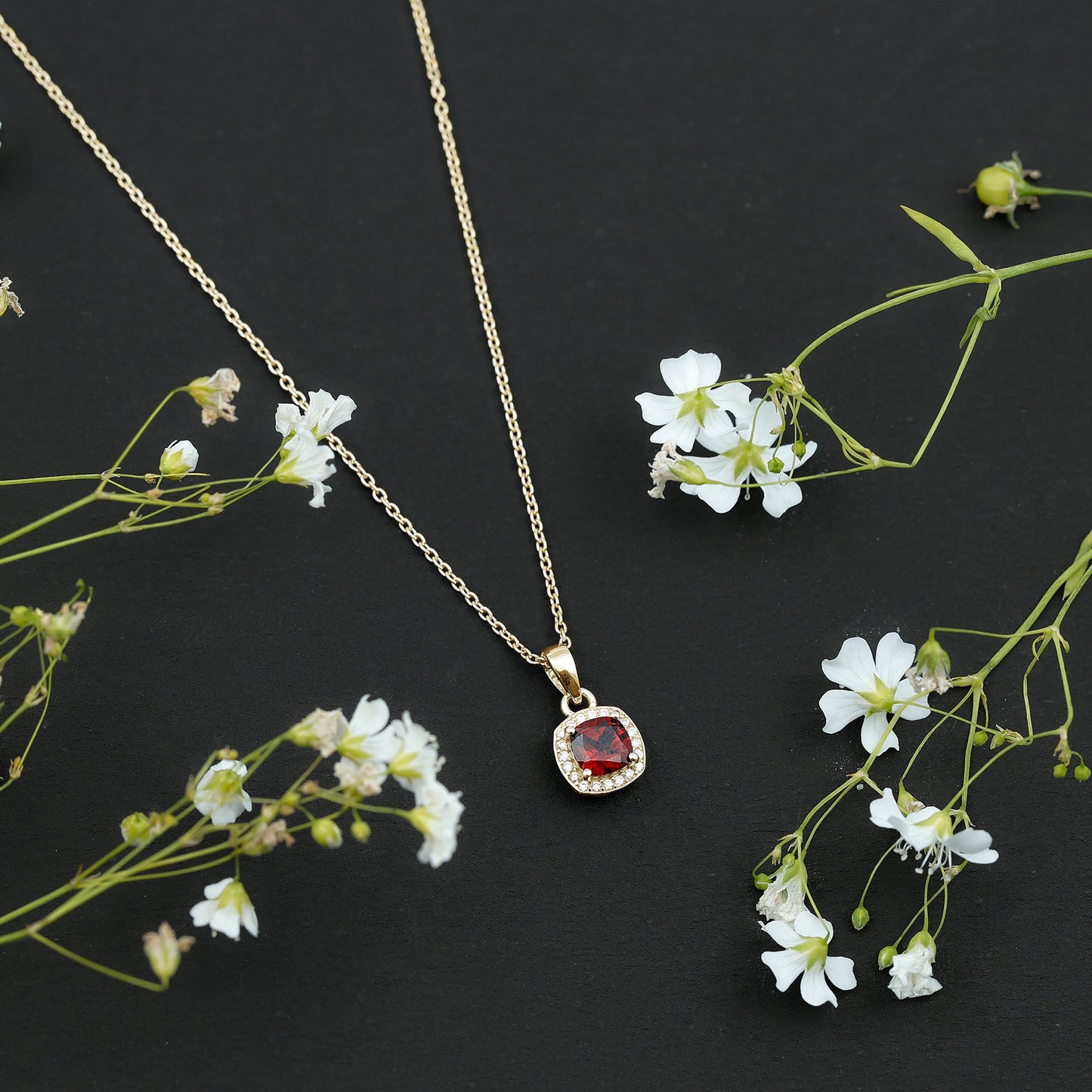 Cushion Cut Garnet and Moissanite Halo Pendant Necklace With Chain