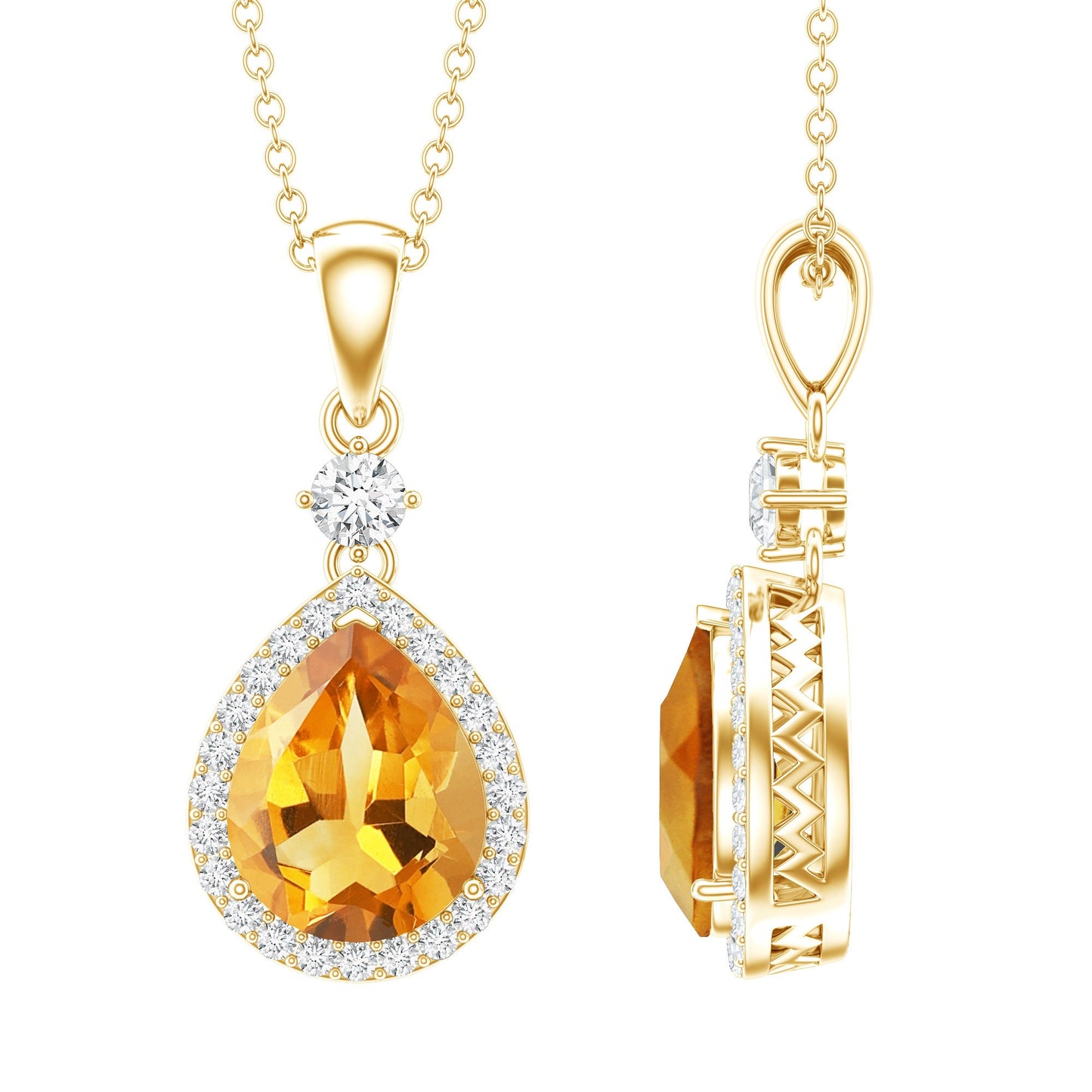 Certified 2 Carat Citrine Teardrop Pendant Necklace with Diamond Halo