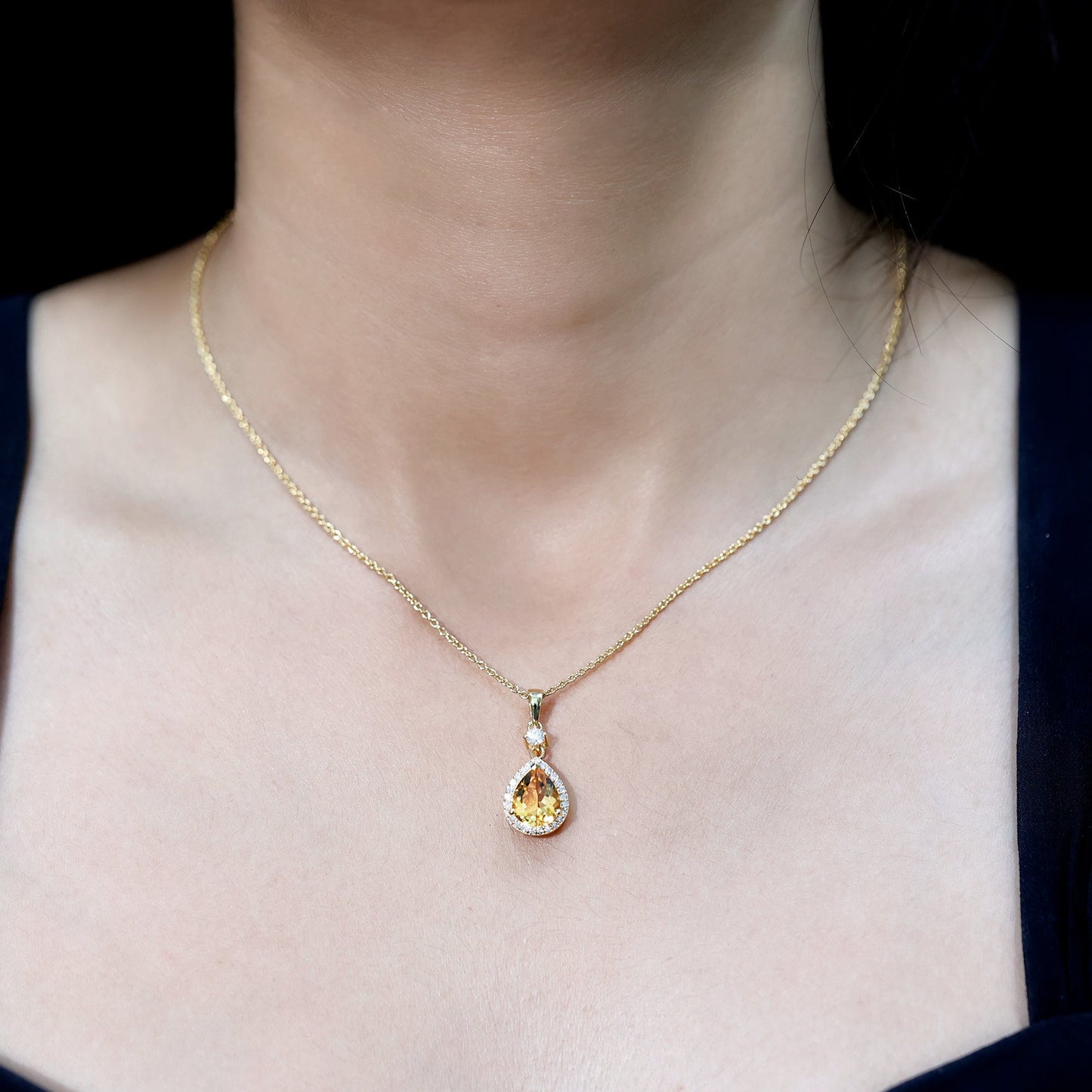 Certified 2 Carat Citrine Teardrop Pendant Necklace with Diamond Halo