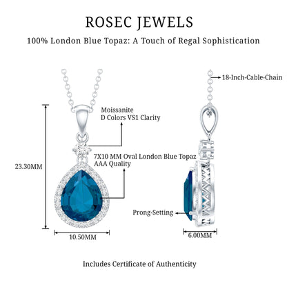 1.75 Carat London Blue Topaz Teardrop Necklace with Moissanite Halo