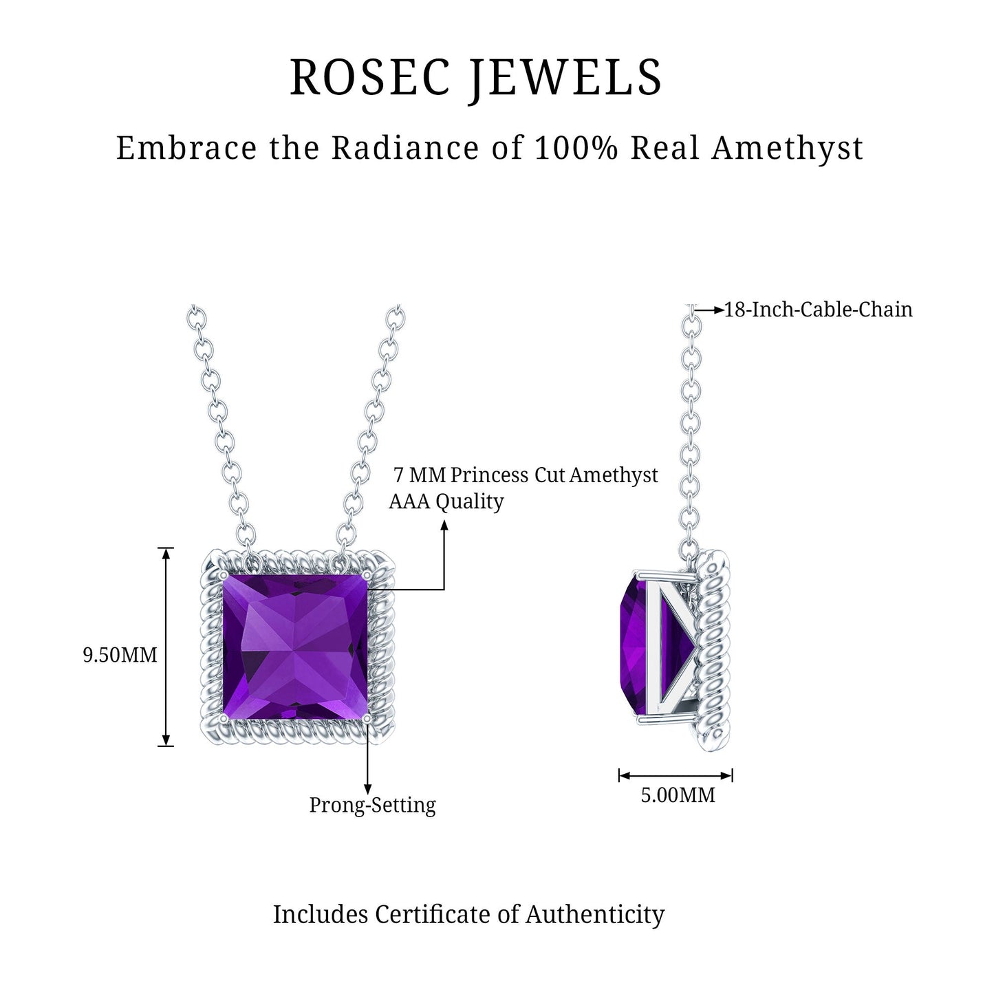 Princess Cut 1.5 Carat Amethyst Solitaire Necklace in Sterling Silver