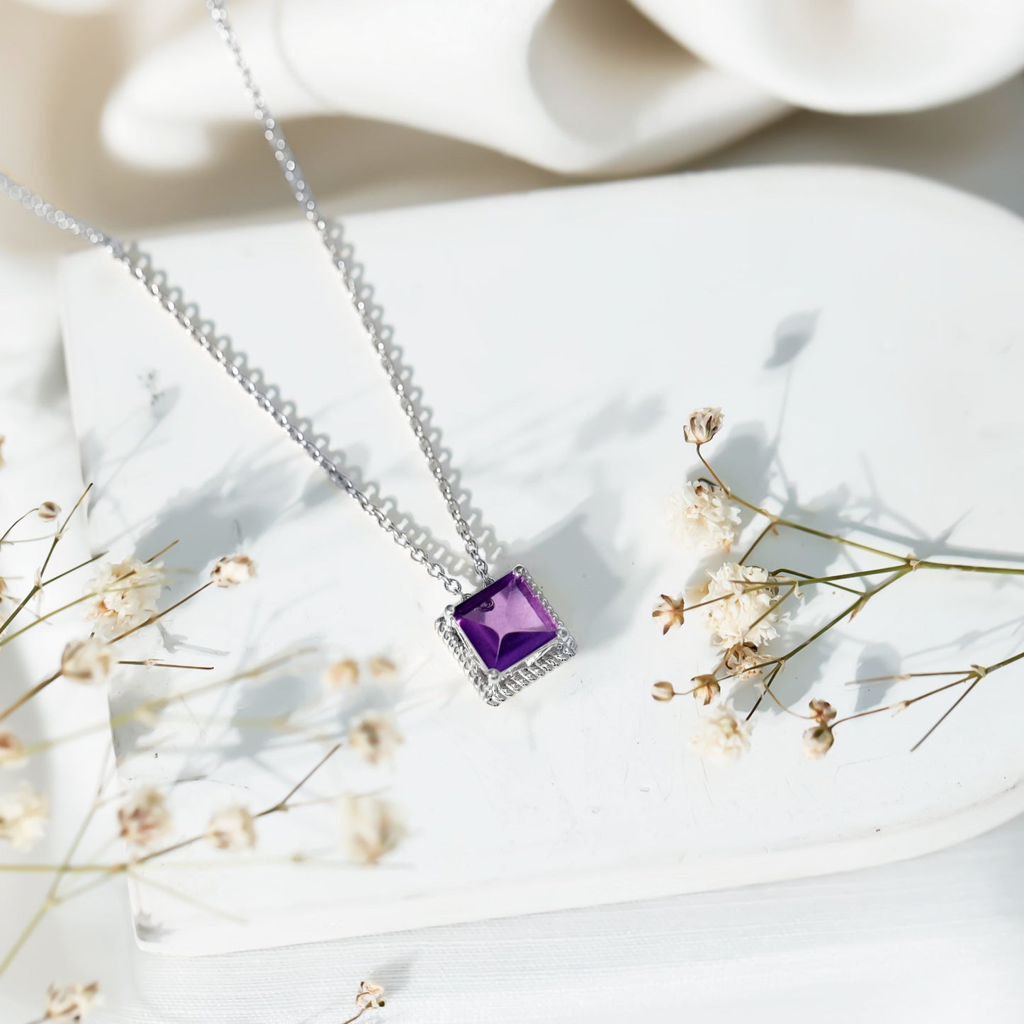 Princess Cut 1.5 Carat Amethyst Solitaire Necklace in Sterling Silver