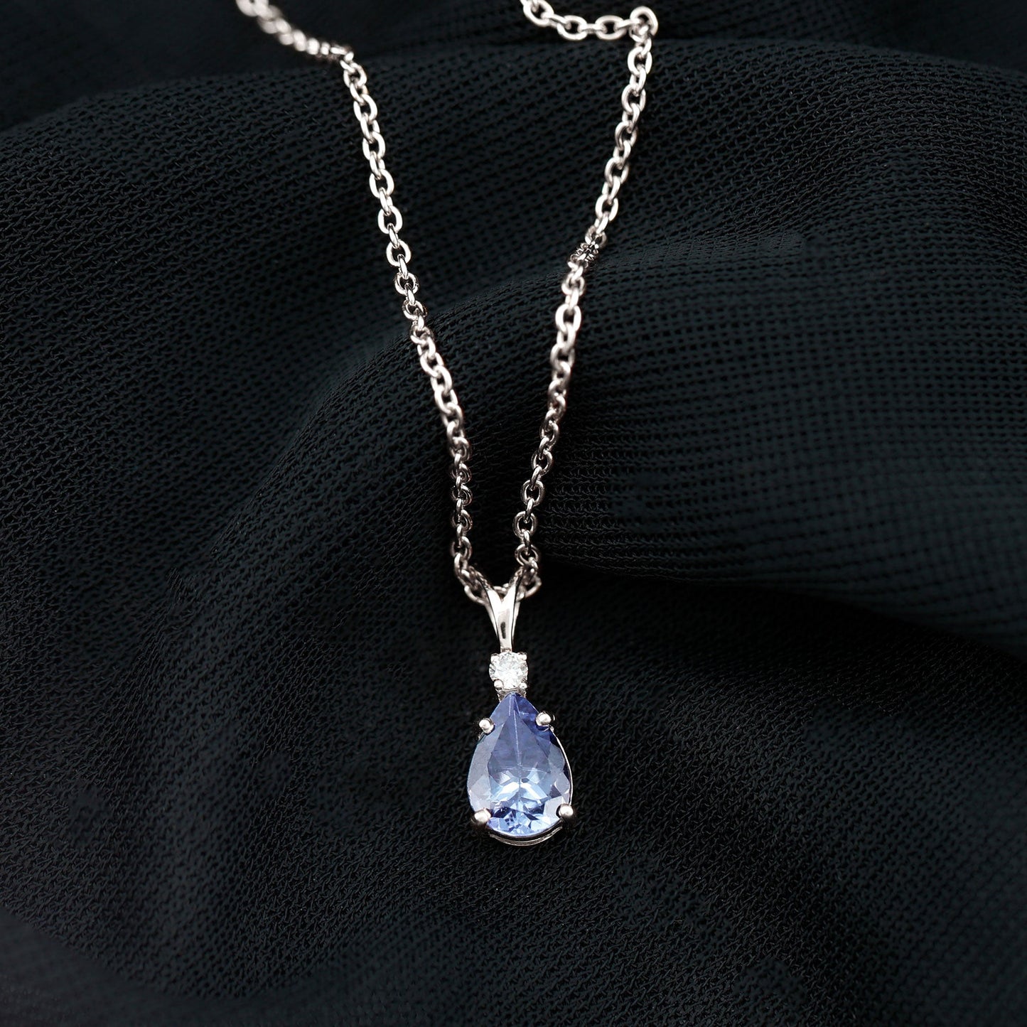 Real Tanzanite Teardrop Pendant Necklace with Diamond