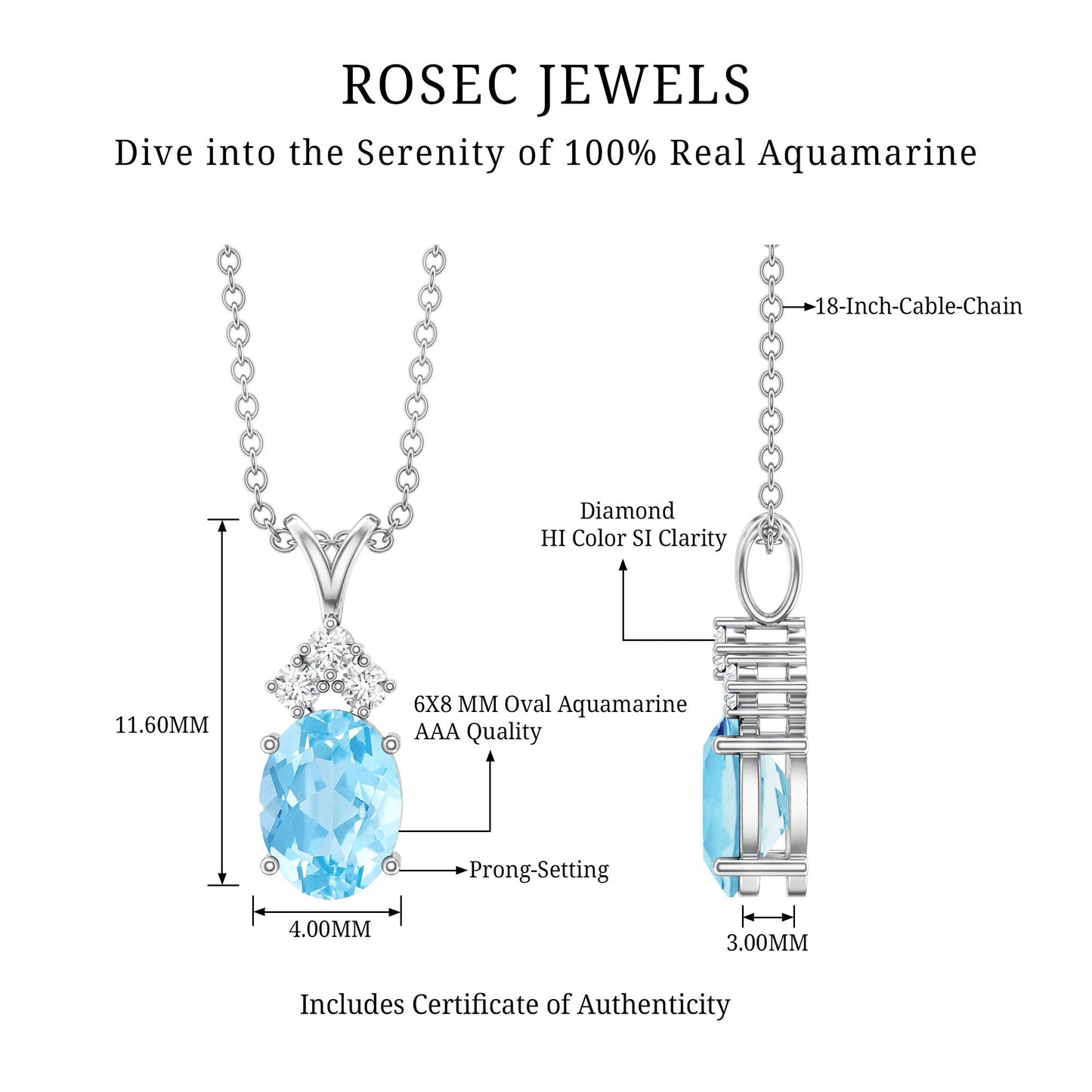 Real 1 Carat Oval Cut Aquamarine Pendant Necklace with Diamond Trio