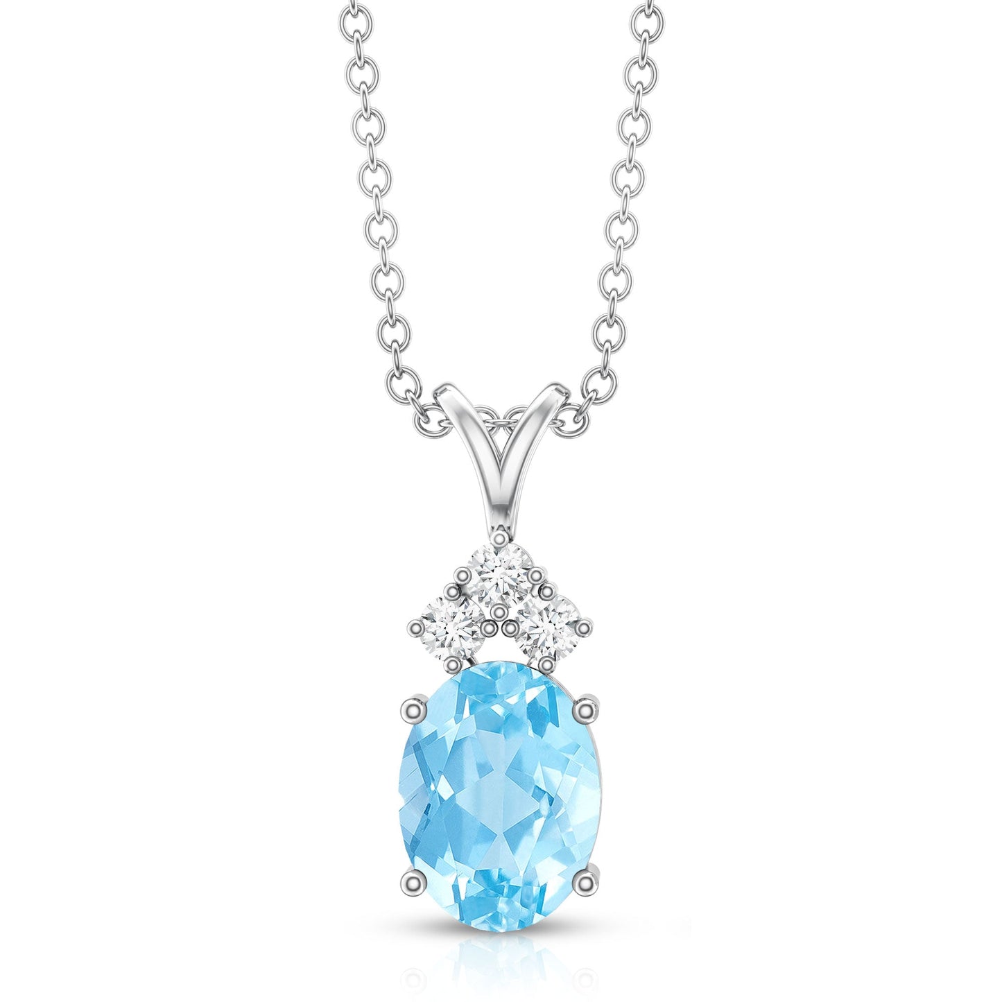 Real 1 Carat Oval Cut Aquamarine Pendant Necklace with Diamond Trio