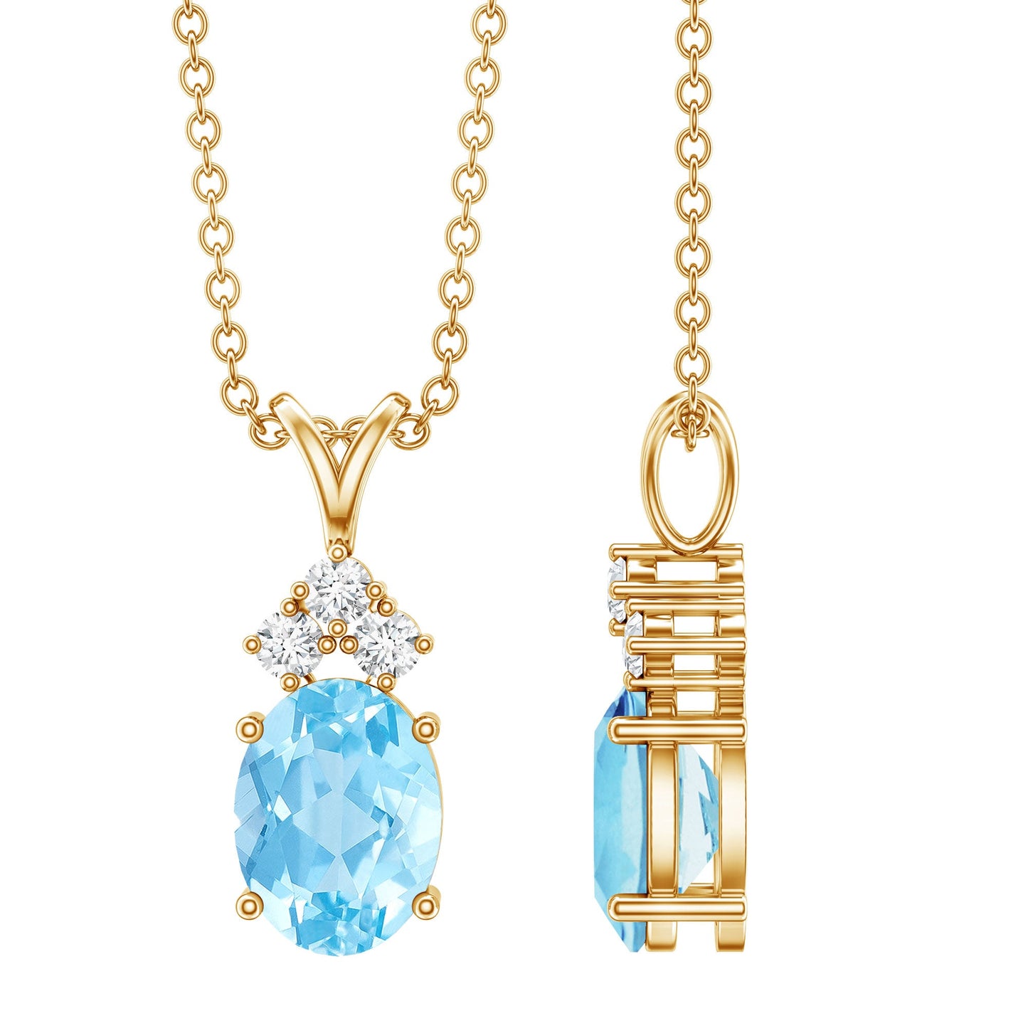 Real 1 Carat Oval Cut Aquamarine Pendant Necklace with Diamond Trio