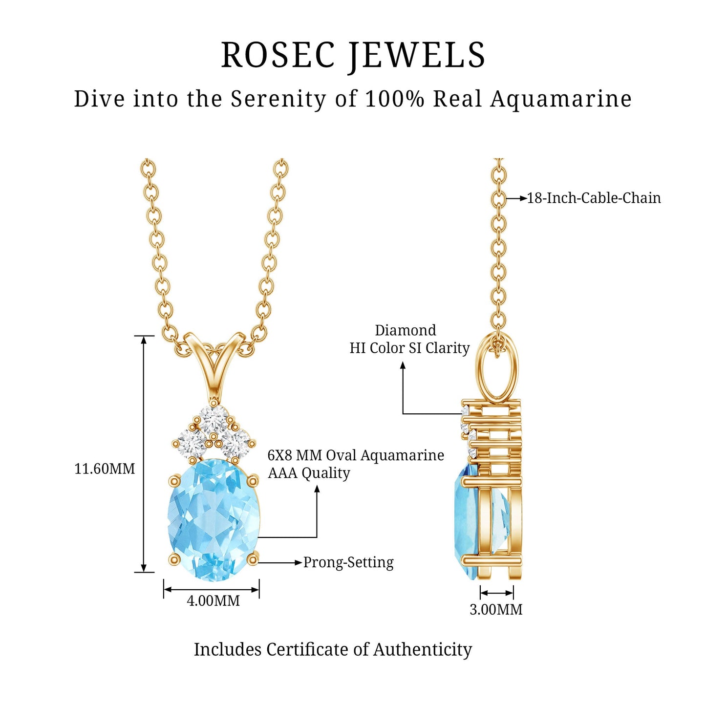 Real 1 Carat Oval Cut Aquamarine Pendant Necklace with Diamond Trio