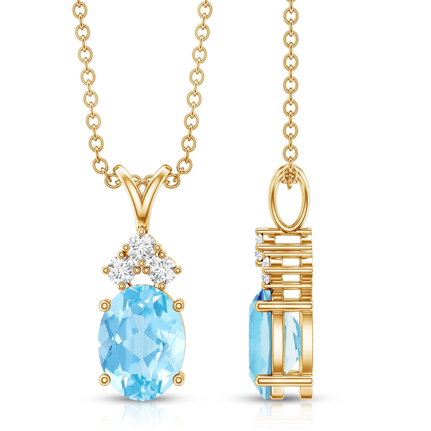 Real 1 Carat Oval Cut Aquamarine Pendant Necklace with Diamond Trio