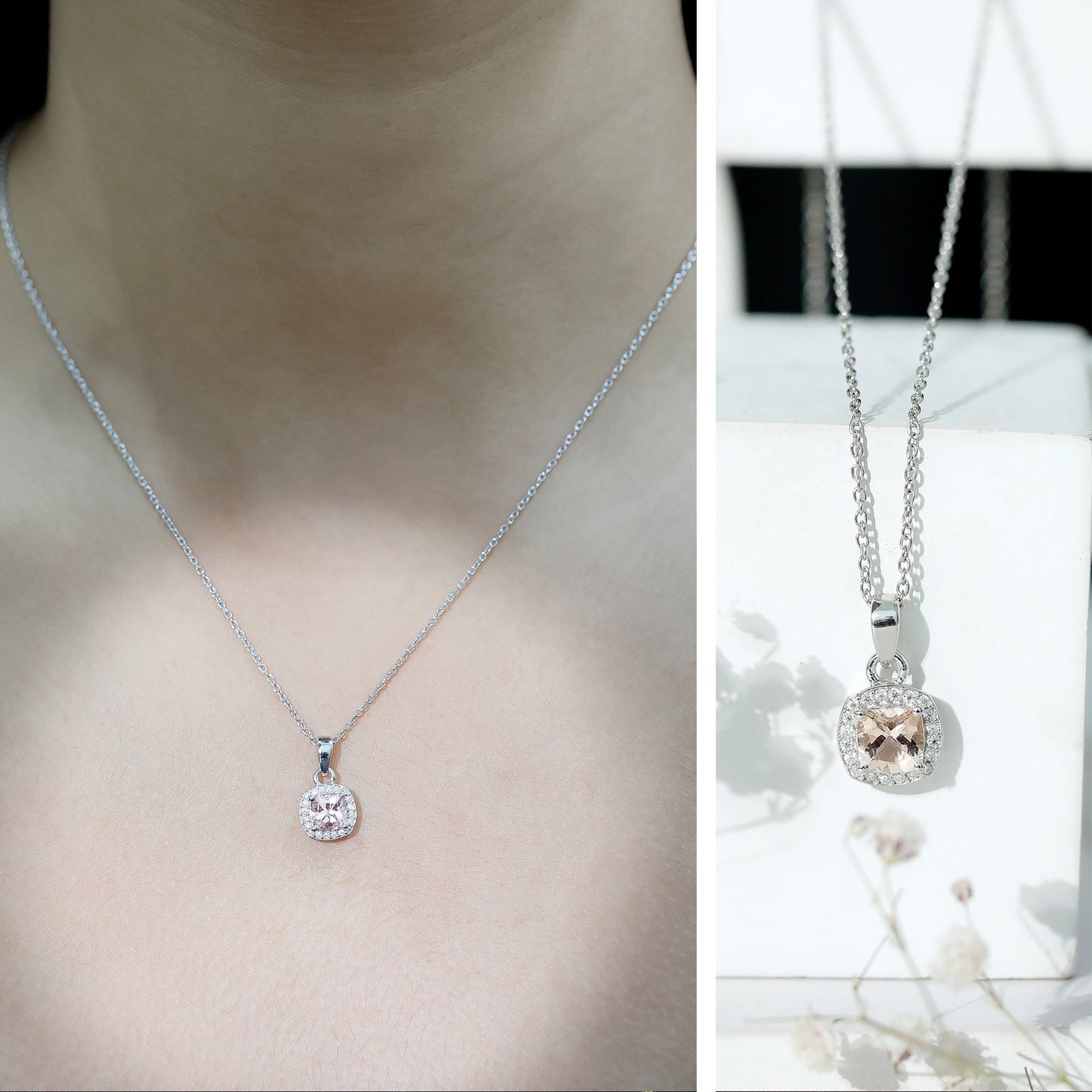 Natural Cushion Cut 1 Carat Morganite Necklace with Moissanite Halo