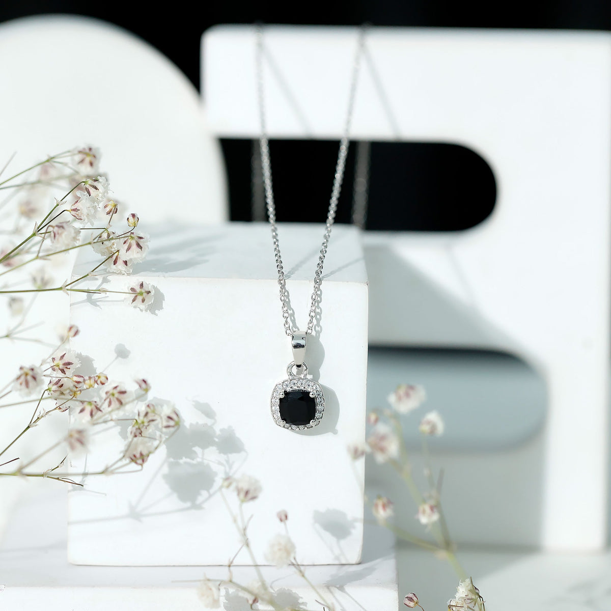 Certified 2 Carat Cushion Cut Black Spinel Necklace with Moissanite Halo