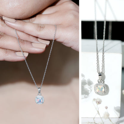 Cushion Cut 1 Carat Rainbow Opal Pendant Necklace with Silver Chain