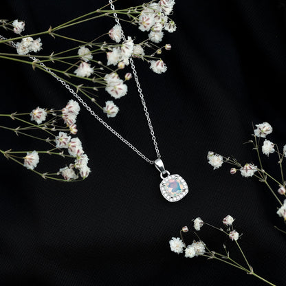 Cushion Cut 1 Carat Rainbow Opal Pendant Necklace with Silver Chain