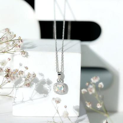 Cushion Cut 1 Carat Rainbow Opal Pendant Necklace with Silver Chain