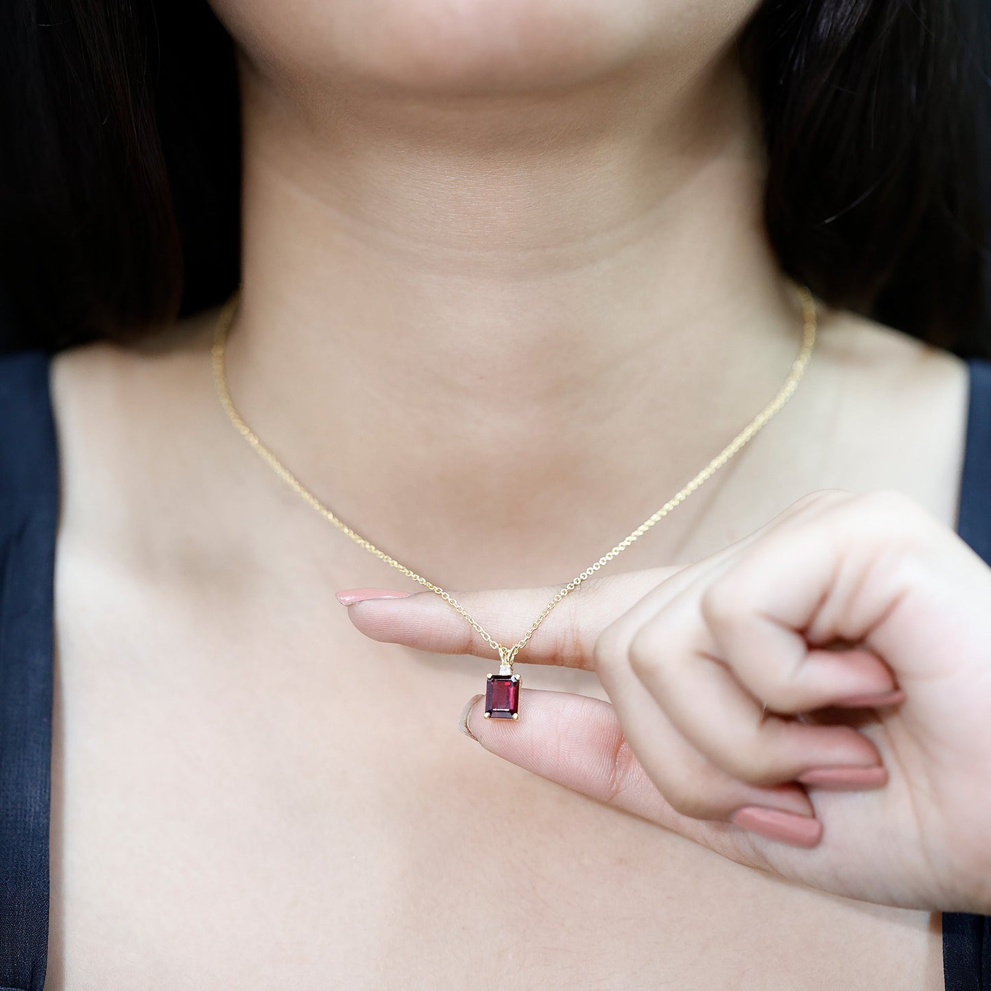 2 Carat Emerald Cut Rhodolite Solitaire Necklace with Lab Diamond
