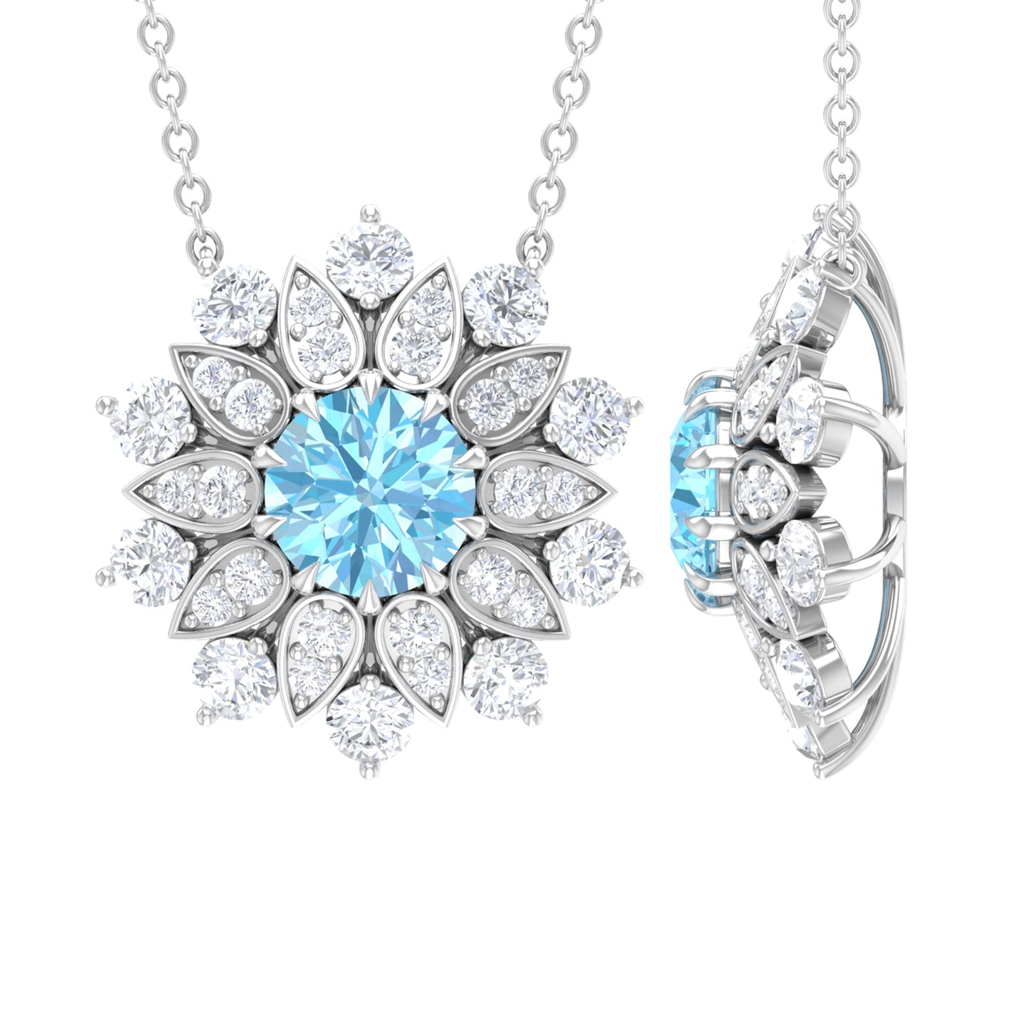 Certified Real Aquamarine Statement Flower Necklace with Moissanite