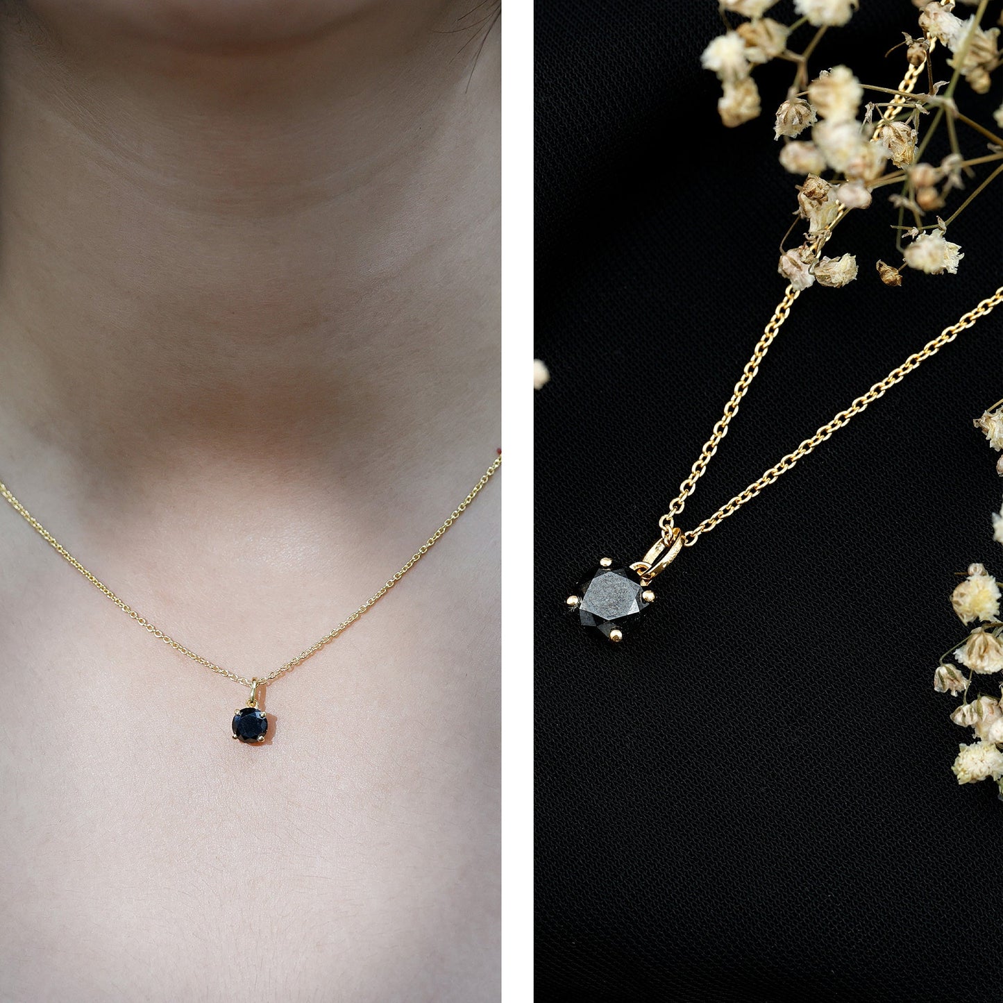 Natural 1.45 Carat Black Diamond Solitaire Necklace with Silver Chain