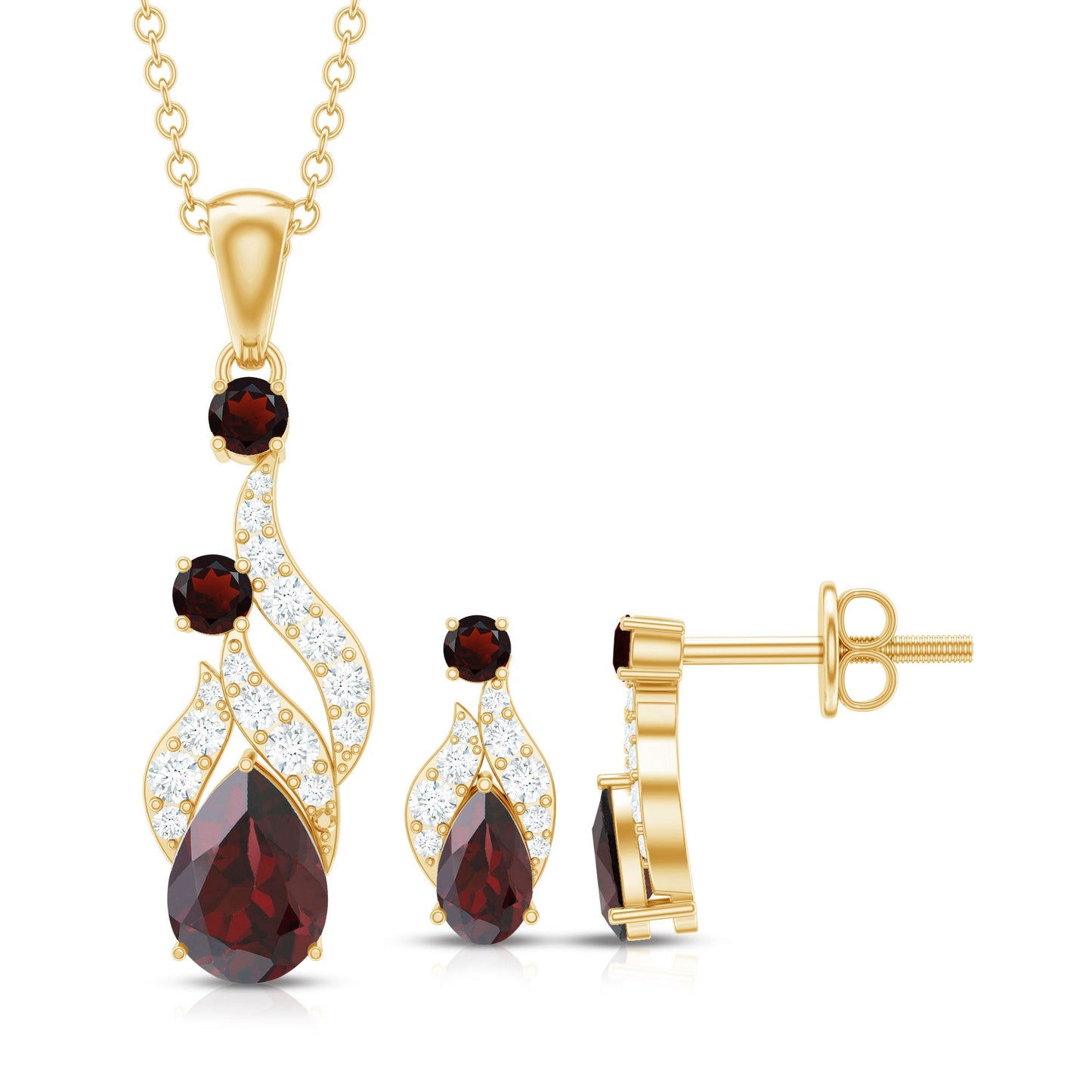 Garnet and Diamond Bridal Dangle Pendant and Earrings Set