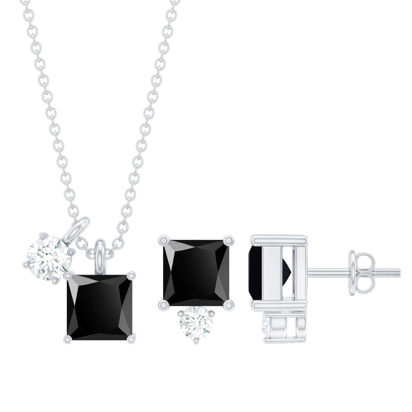 Natural Princess Cut Black Onyx Pendant and Earrings Set with Diamond