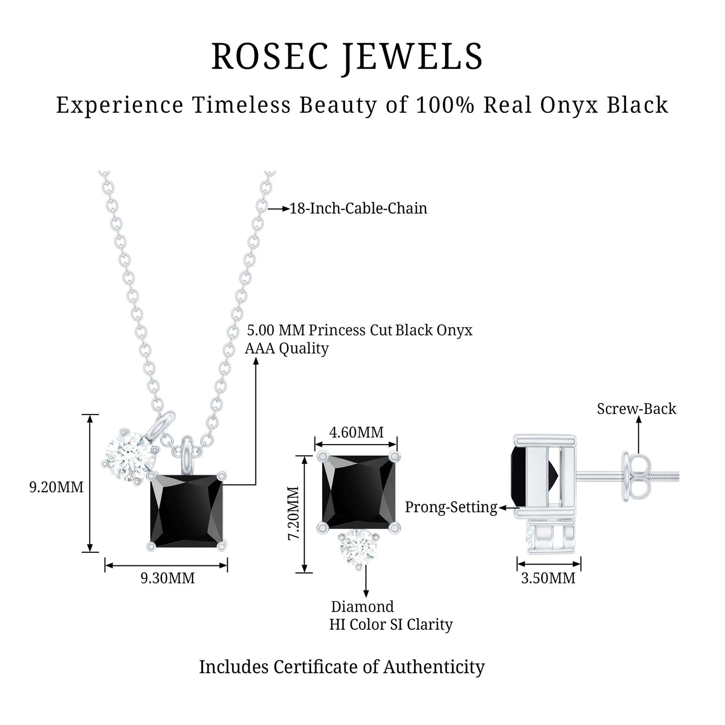 Natural Princess Cut Black Onyx Pendant and Earrings Set with Diamond