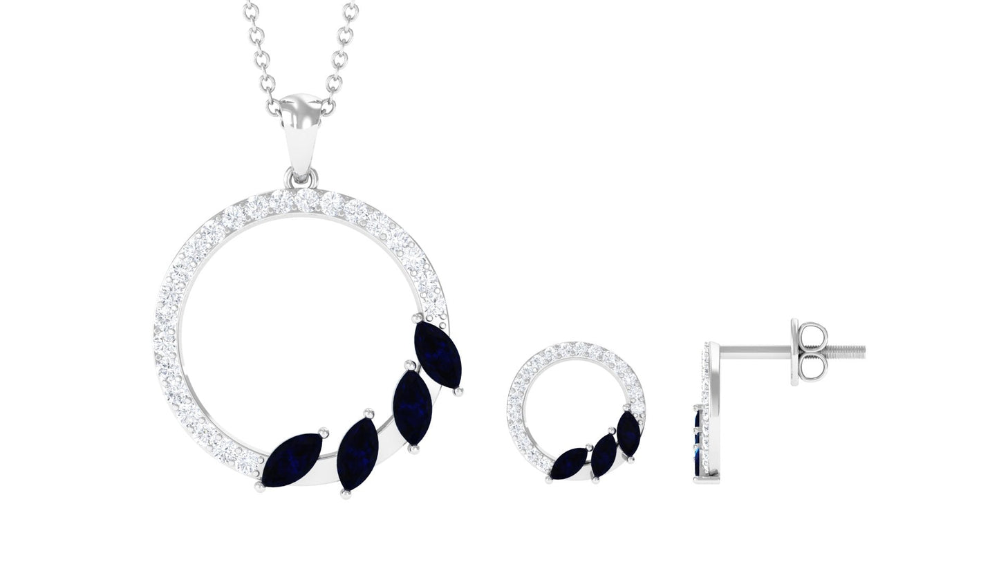 Real Blue Sapphire Diamond Circle Necklace and Earrings Set