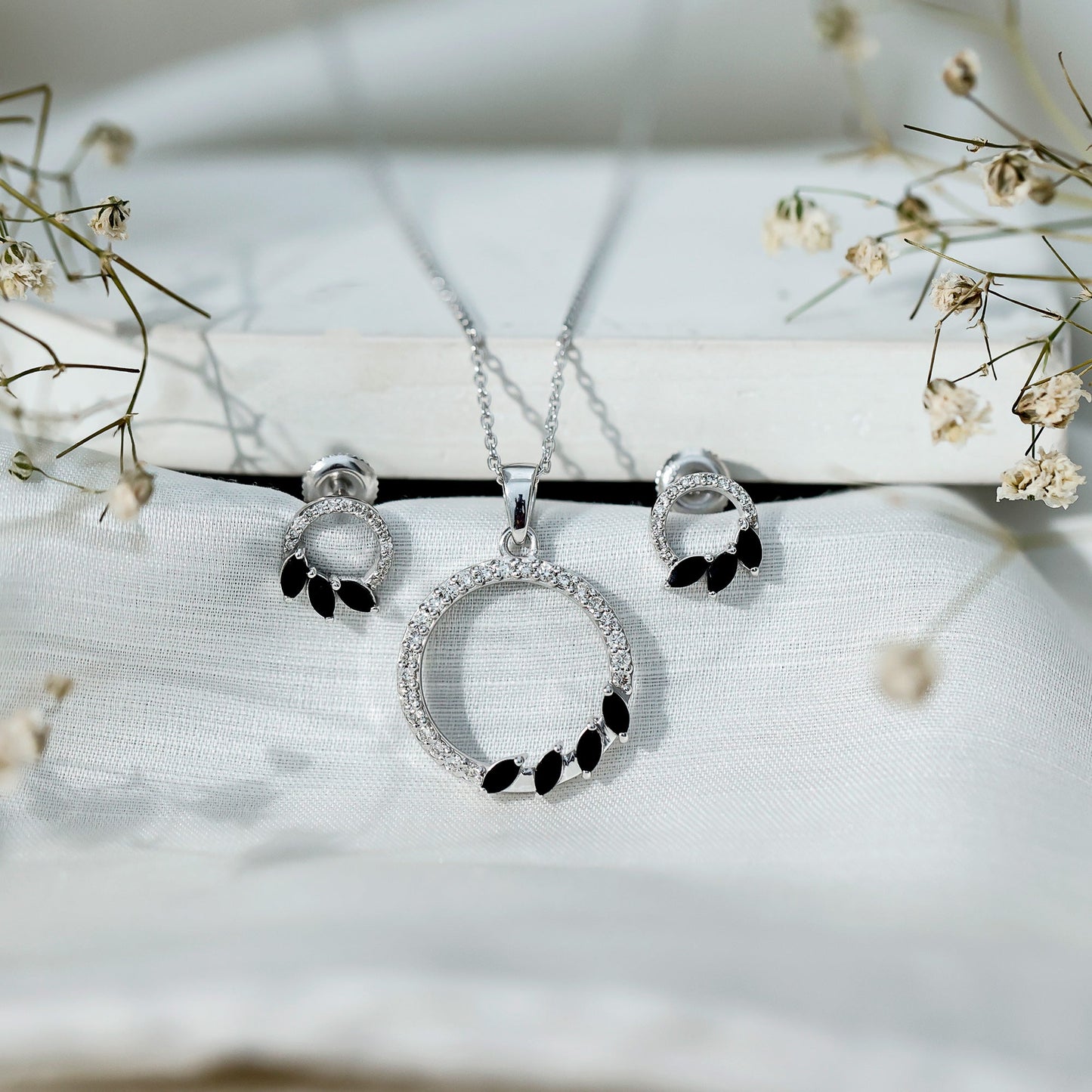 Marquise Cut Black Onyx and Diamond Eternity Jewelry Set