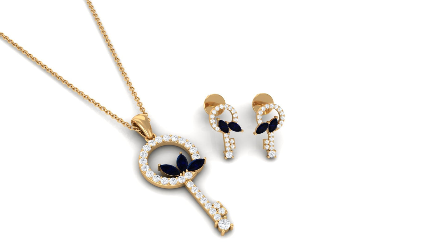 Natural Blue Sapphire Key Pendant and Earrings Set with Diamond