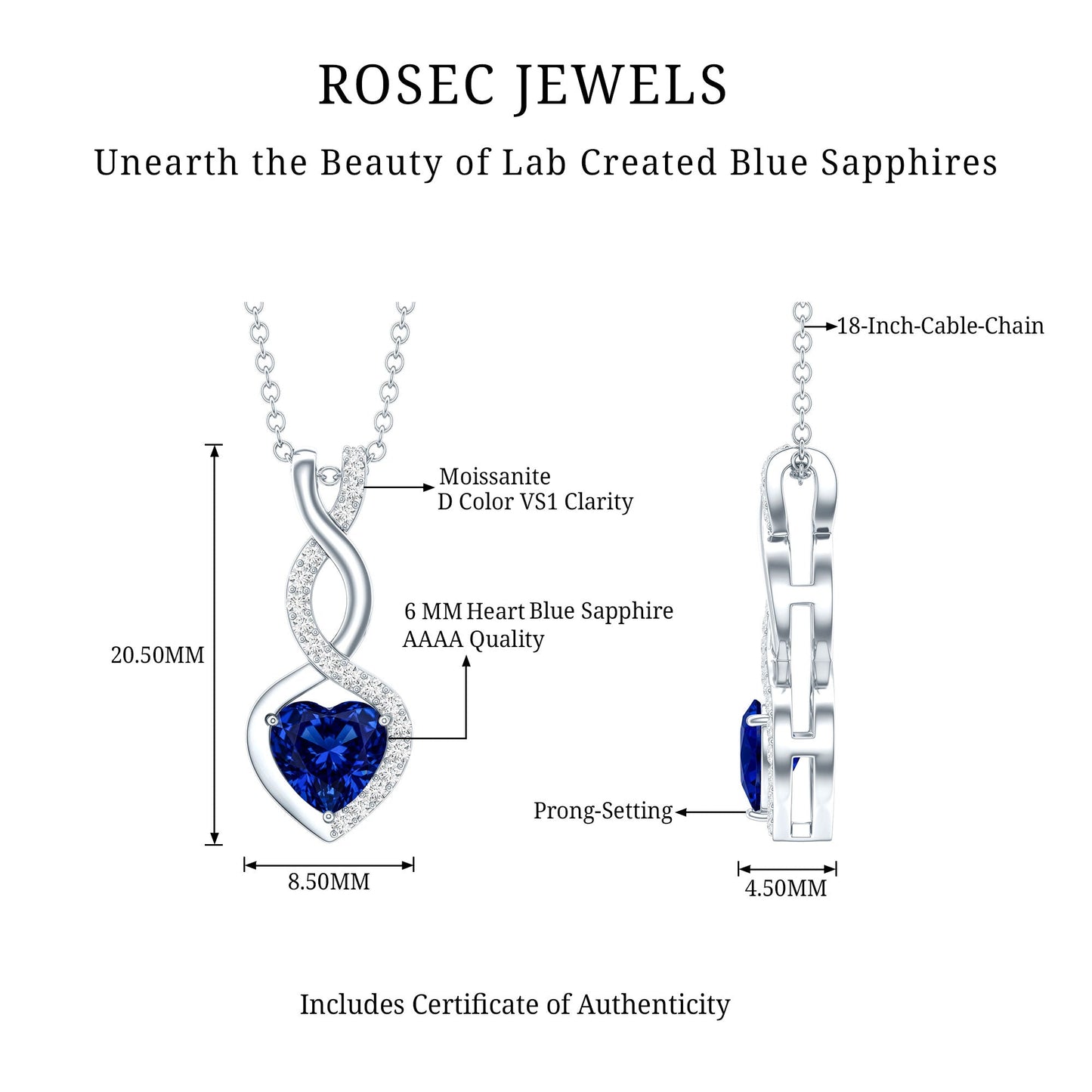 Lab Grown Blue Sapphire and Moissanite Infinity Heart Necklace with Chain