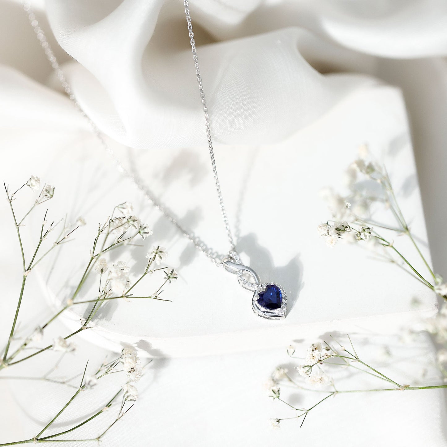 Certified Lab Grown Blue Sapphire Infinity Heart Necklace with Chain