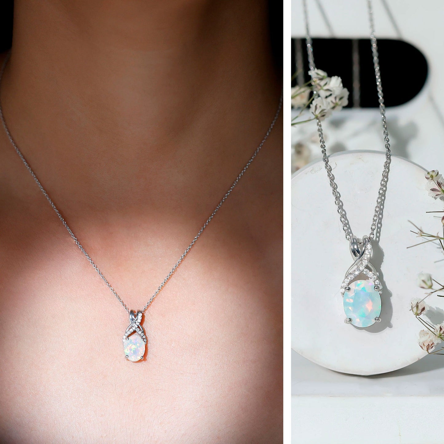 Oval Ethiopian Opal Necklace with Moissanite Twisted Bail