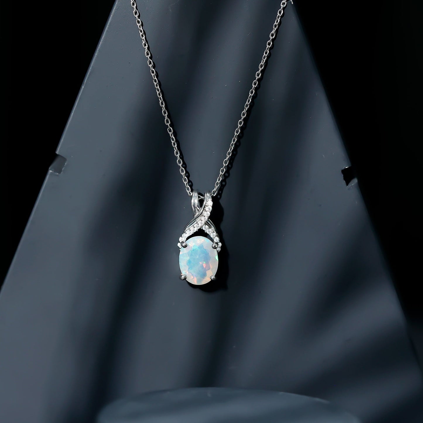 Oval Ethiopian Opal Necklace with Moissanite Twisted Bail