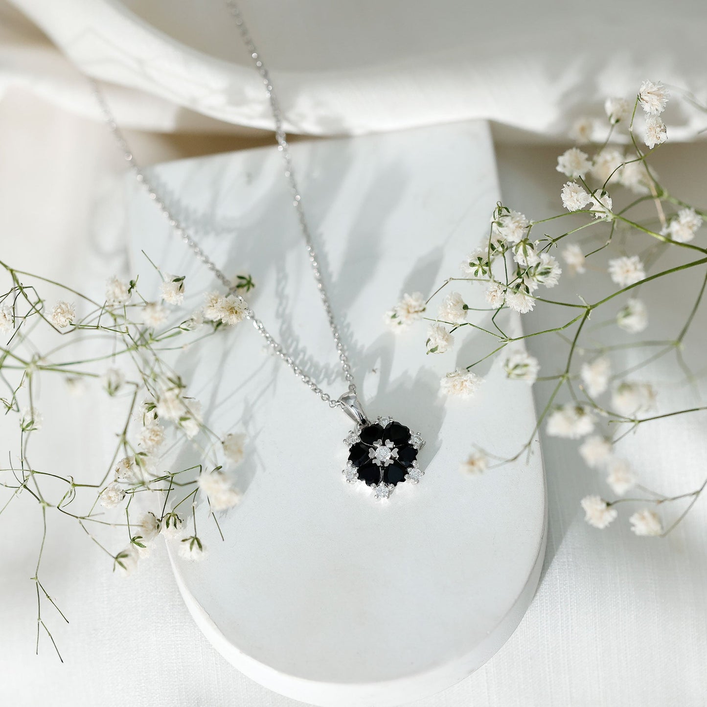 Heart Shaped Black Onyx Flower Pendant with Moissanite
