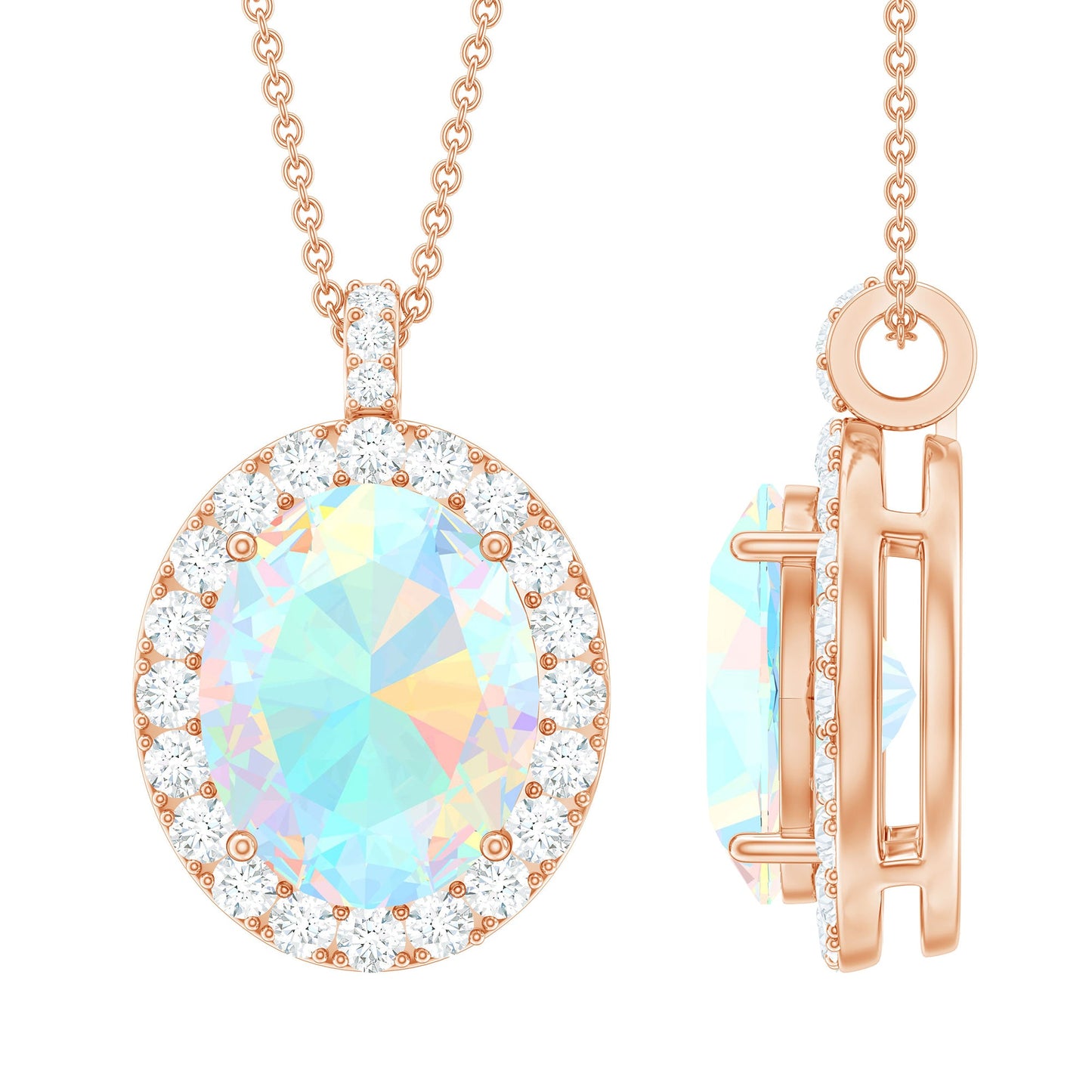 Real 1.3 Carat Ethiopian Opal Oval Pendant Necklace with Diamond Halo
