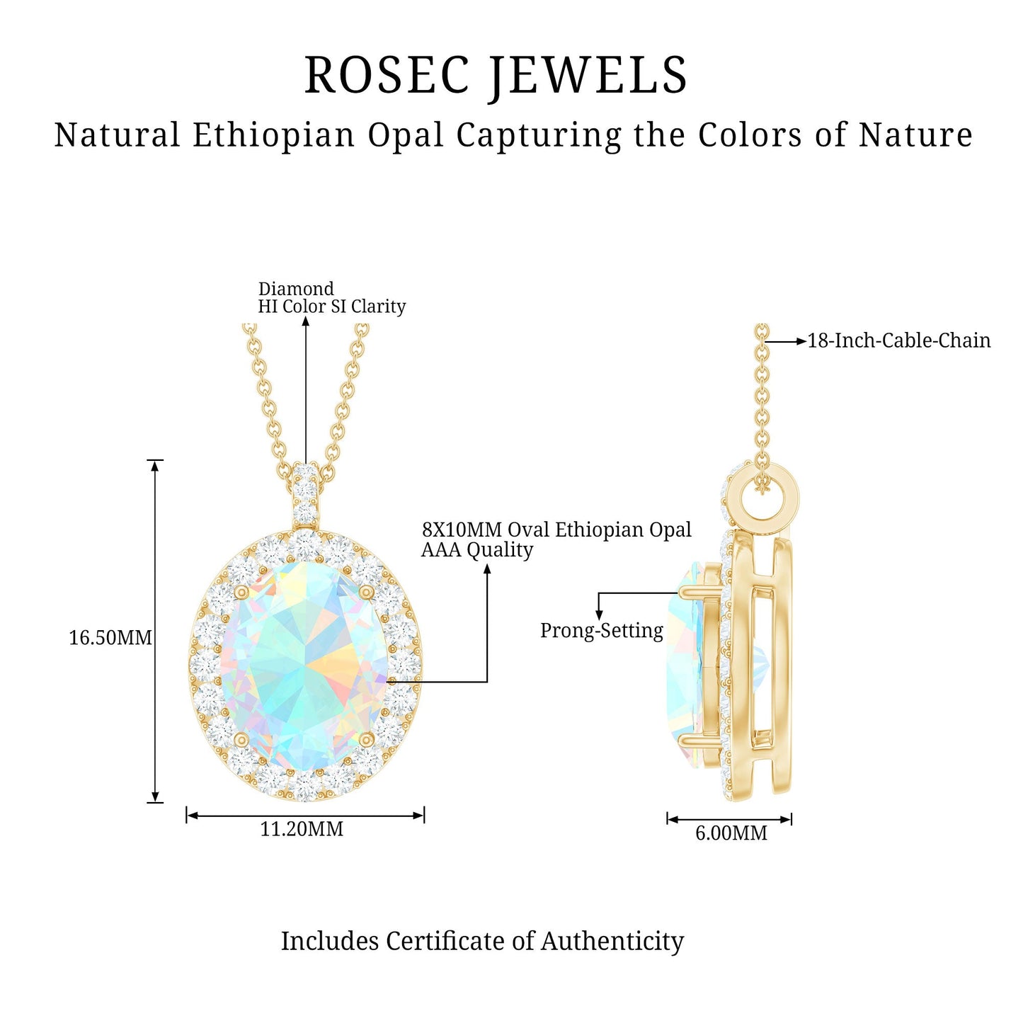 Real 1.3 Carat Ethiopian Opal Oval Pendant Necklace with Diamond Halo