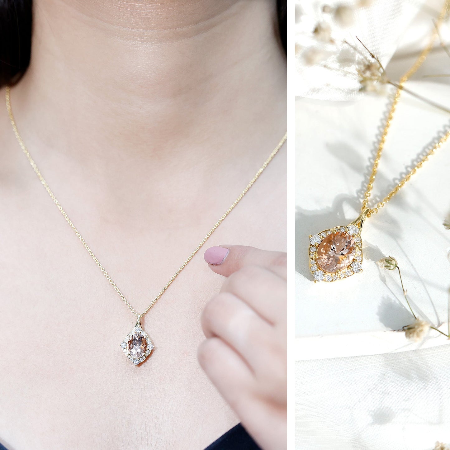 Vintage Inspired 2.5 Carat Morganite Bridal Necklace with Diamond Halo