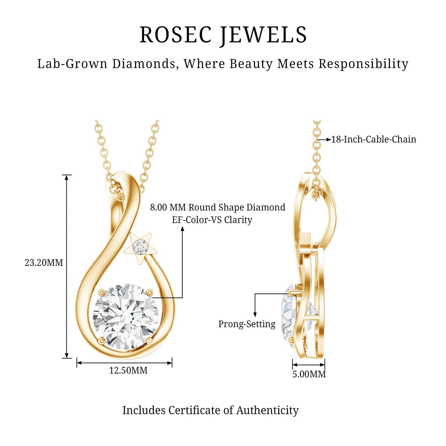 2 Carat Round Solitaire Lab Grown Diamond Teardrop Necklace