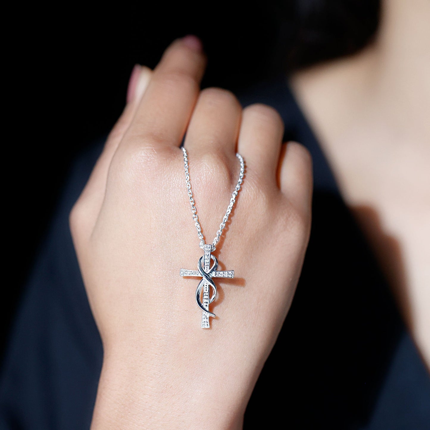 Pave Set Moissanite Cross Infinity Necklace with Silver Chain