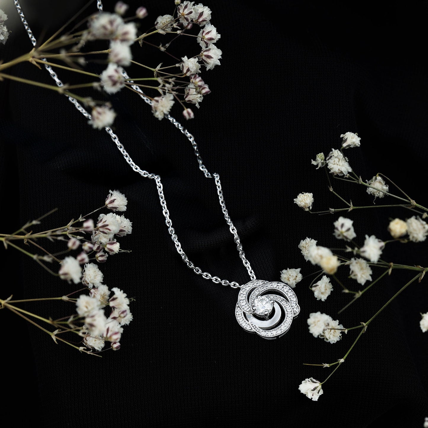 Moissanite Floral Pendant Necklace with Silver Chain