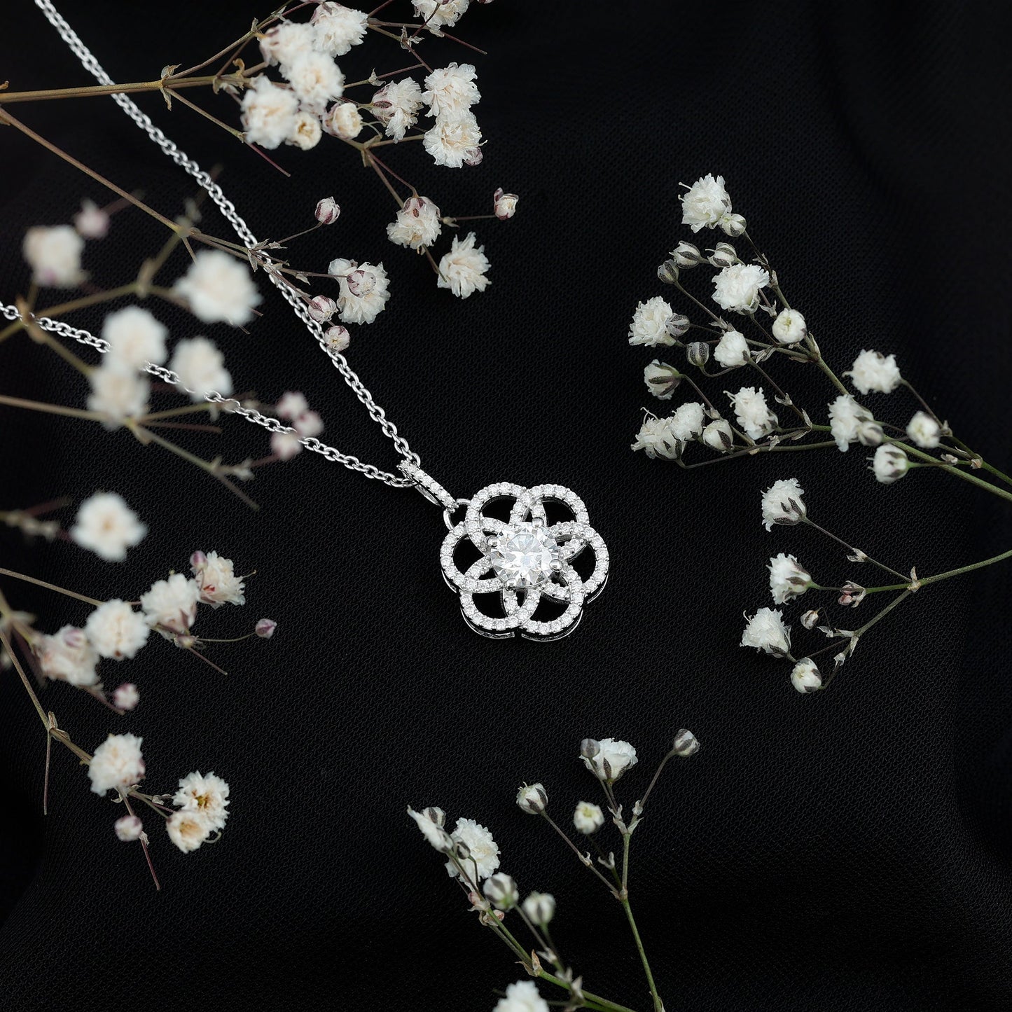 Certified Moissanite Flower Necklace with Silver Chain